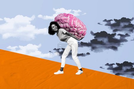Composite Trend Artwork Skizze Bild 3D Foto Collage von nachdenklichen jungen Dame tragen Lieferung auf dem Rücken riesige Gehirn denken Rätsel lösen.