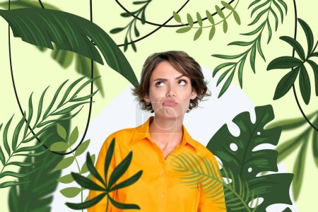 Composite photo collage of puzzled pretty girl tourist excursion jungle leaves liana palm forest journey isolated on painted background.