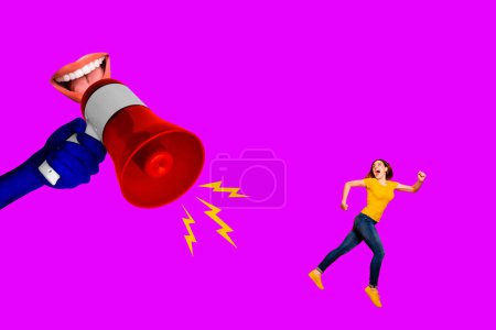 Trend artwork sketch image photo collage of young active lady run away suffer from huge hand hold loudspeaker bodyless mouth talk speak.