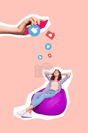 Vertical photo collage of happy popular girl sit beanbag hand pour iphone screen likes reaction thumb up isolated on painted background.