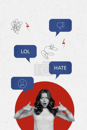 Vertical photo collage of astonished depressed girl point finger hate blame shame text box abuse bullying isolated on painted background.