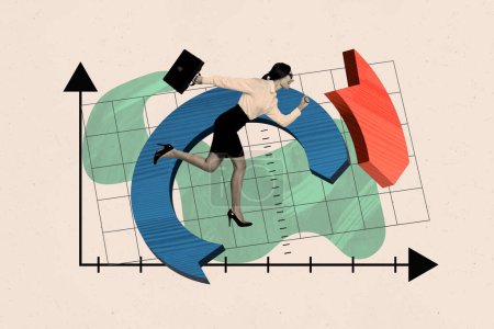Kreative Collage Bild junge Geschäftsfrau Infografik Statistiken Ergebnisse Unternehmer erreichen Erfolgsziel Zeichnung Hintergrund.