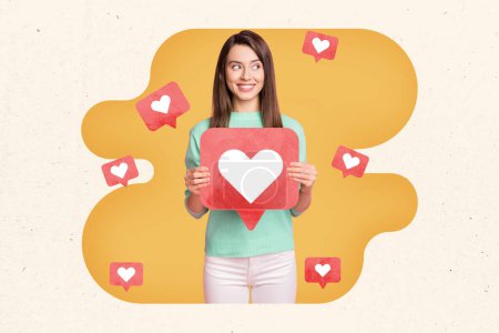 Creative collage image young cheerful woman hold heart icon notification social media online popularity promotion drawing background.