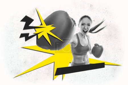 Composite Foto-Collage von jungen Sportlerin tun Übung Hit Handschuhe Gegner Training starken Boxerring isoliert auf gemaltem Hintergrund.