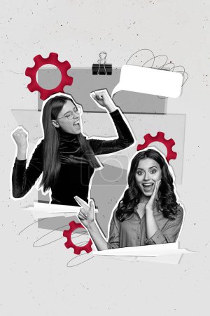 Imagen creativa collage vertical cartel joven alegre positivo chicas coworking colegas gerente de proyecto cogwheels ajuste caja de texto.