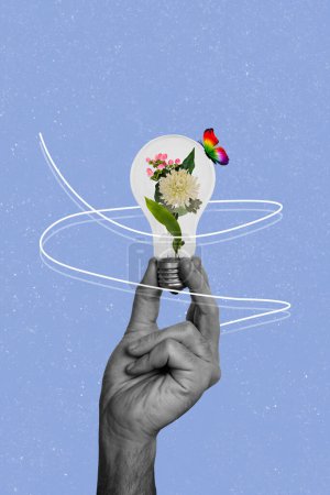Collage vertical photo des mains tenir ampoule à l'intérieur bouquet de fleurs environnement papillon conservation isolé sur fond peint.