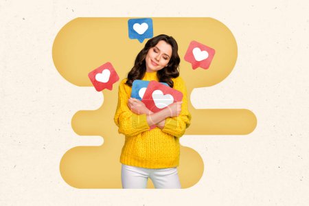 Foto-Collage kreatives Bild junge Frau soziales Netzwerk erhalten Feedback smm Targetologe erhöhen Popularität Zeichnung Hintergrund.