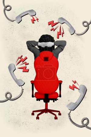 Vertical photo collage of lazy girl operator crossed arms sit back chair telephone handset telecommunication isolated on painted background.