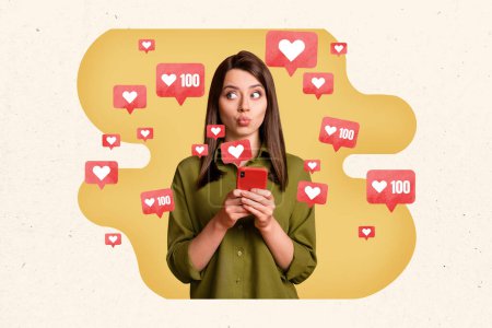 Foto collage imagen creativa mujer joven red social feedback smartphone popularidad virtual dibujo fondo.