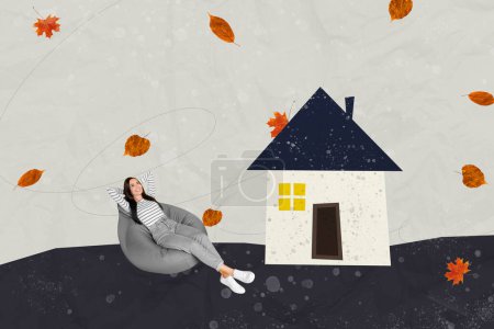 Composite sketch trend 3D photo collage of young attractive lady sit in beanbag outside at house street autumn fall season day together.