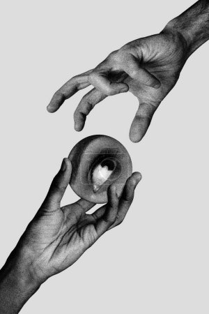 Vertical photo collage of two hands one hold ball human eye victim other zombie grab mystical occult ritual isolated on painted background.