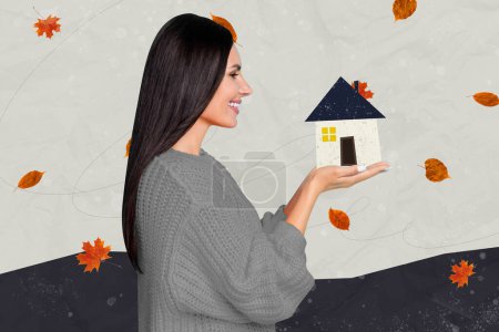 Creative picture photo collage young girl holding house property real estate mortgage moving relocation new owner autumn leaves background.