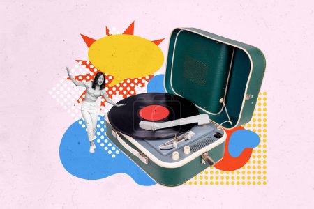 Collage créatif image jeune fille de marche funky gramophone player vintage vinyle discothèque divertissement.