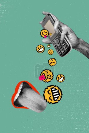 Vertical photo collage of hand hold old fashioned cellphone carpet emoji smiley user device mouth tongue isolated on painted background.