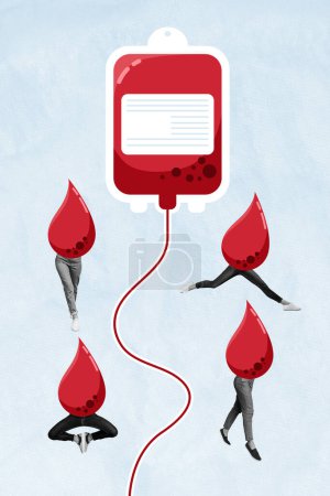 3D photo collage tendance composite croquis image d'un énorme don de sang gouttes posant coeurs volontaires aider leucémie personnes malades.
