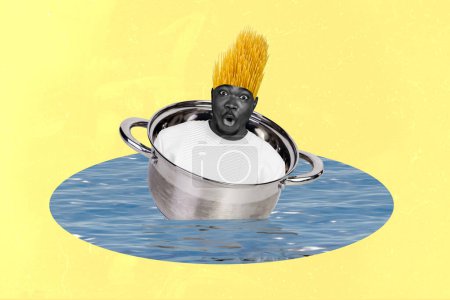 Trend Artwork Composite Skizze 3D Foto Collage von schockierten erstaunt Kerl schwimmt in Metall Kochtopf schwimmen im Wasser Meer tragen Frisur Pasta.