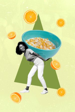 Dibujo imagen compuesto collage ilustraciones de la poderosa dama llevar en la espalda plato enorme copos de maíz con la leche comida de la mañana media naranja mosca.