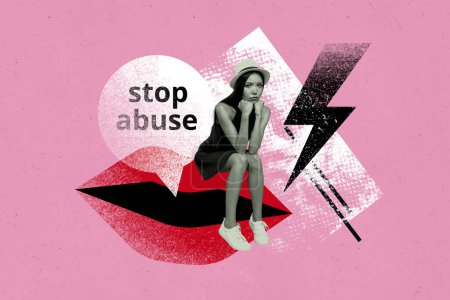 Arte creativo gráficos collage pintura de infeliz triste dama pidiendo detener el abuso aislado de color rosa de fondo.