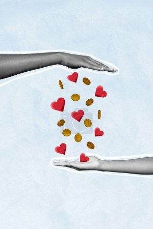 Tendance illustration image composite photo collage de noir blanc silhouette mains tenir entre les dons de sang coeurs et aumônes pièces argent.
