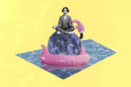 Trend artwork composite sketch 3D photo collage of black white silhouette lady keep calm sit on sphere flamingo pool swimming equipment.