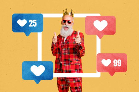 Photo créative collage retraité grand-père macho costume royal couronne prince popularité réseau social smm cibletologist.