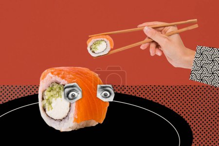 Composite Foto Collage von Teller Sushi rollen Augen beobachten Hand halten Essstäbchen essen Restaurant asiatische Küche Essen isoliert auf gemaltem Hintergrund.