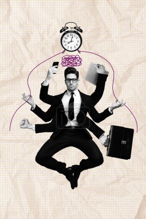 collage ilustración vertical de joven empresario en formalwear equilibrio entre todas las tareas gestión del tiempo sobre fondo de color beige.