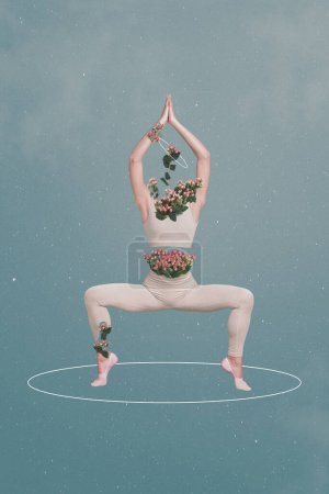 Foto-Skizze Collage Bild der Dame Blumen statt Kopf genießen Yoga isoliert graue Farbe Hintergrund.