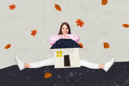 Photo picture collage young cheerful girl house realtor estate agency realtor relocation falling autumn leaves foliage drawing background.