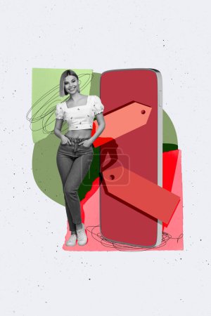 Creative abstract template collage of female eshopping screen mobile phone price tags sales fantasy billboard comics zine minimal.