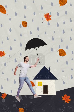 Photo collage composite trend artwork sketch image of autumn fall rainy day young man walk on street hold in hand umbrella house behind.