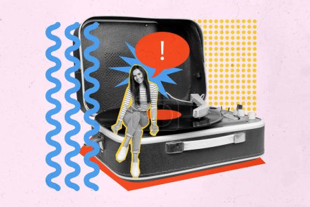 collage creativo imagen sentado joven mujer gramófono reproductor audio estéreo vintage vinilo plato partido meloman dibujo fondo.