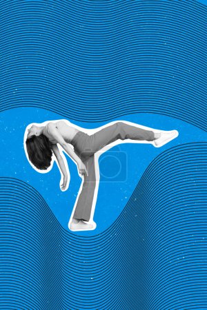 Vertical collage image of positive black white effect girl make big step dancing isolated on painted blue background.