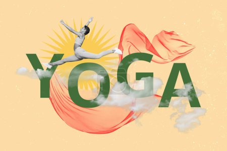 Kreative Plakatcollage junger Frauen, die Yoga-Meditation spalten, leicht weiblich mädchenhaft Plakatwand Comics zine minimal.