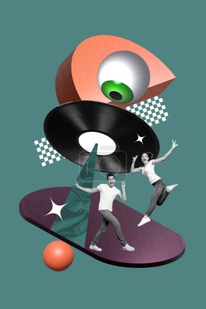 Collage créatif vertical photo jeune homme heureux femme années 80 rétro vinyle globe oculaire caricature psychédélique concept danse gens fête.