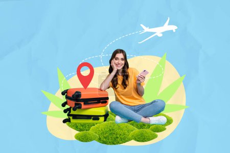 collage de fotos compuesto de niña feliz celebrar iphone sentarse maleta de hierba GPS ruta de navegación plano vacaciones aisladas sobre fondo pintado.