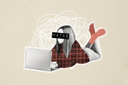 Composite photo collage of girl without face anonym hater cyberbully offender online macbook comment type isolated on painted background.