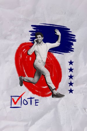 Vertikale Bildcollage junger laufender Mann, der Palmhand grüßt, Ankreuzfeld Wahlvolksentscheid Konzept Zeichnung Hintergrund.