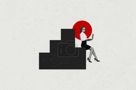 Photo collage artwork composite sketch image of young business woman sit on platform lose first place work laptop hold in hand.