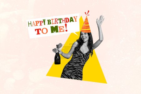 Trend photo collage of black white silhouette young happy lady excited celebrate happy birthday to me hold in hand bottle wear hat.