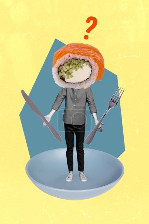 Composite sketch photo collage of black white silhouette uncertain hungry man spread hands hold fork knife headless huge sushi instead.