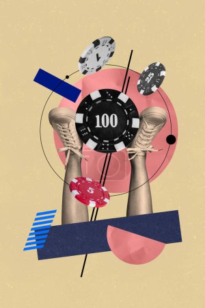 Vertical collage picture casino gambling internet gaming fortune chips combination woman legs footwear sneakers drawing background.