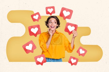 Creative picture collage young pretty emotional girl social network icon love heart followers increase popularity drawing background.
