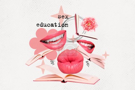 Composite Foto Collage von sexy rosa Lippen Lächeln beißen Kuss Vergnügen verführen Buch Bildung Rose Blume Sterne isoliert auf gemaltem Hintergrund.