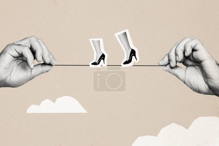 collage de fotos compuesto de mano sujetar la cuerda piernas femeninas tacones caminar cuerda caminante circo habilidad riesgo cielo nubes aisladas sobre fondo pintado.