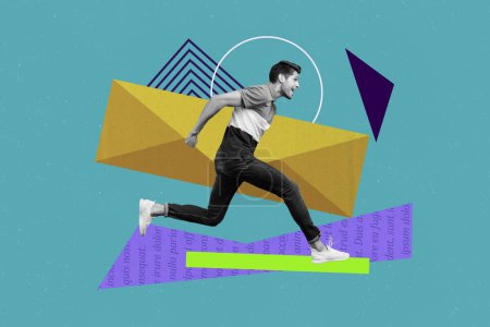 Kreative Bild-Collage junge energische Laufen aufgeregt Mann tragen Brief umhüllen Korrespondenz Nachricht sms Antwort Zeichnung Hintergrund.