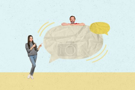 Sketch image composite collage of two people man lady couple friends talk mind speech box girl show gesture finger guy appear from cloud.