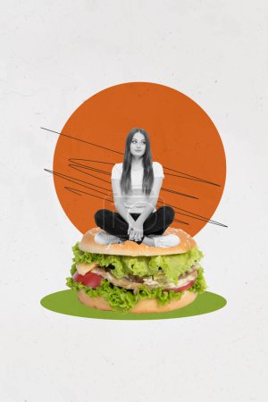 Magazin Bild Skizze Collage Bild der verträumten Dame träumen essen Cheeseburger isoliert weißen Farbhintergrund.