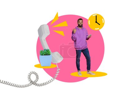 Kreative Bildcollage junger lächelnder Mann Kundenbetreuung Festnetz Anruf Frist Uhrzeit Management Zimmerpflanze Kontaktzentrum.