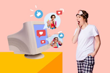 Creative collage picture young yawning woman sleepy exhausted bored pc user blogging internet social media feedback receive like followers.
